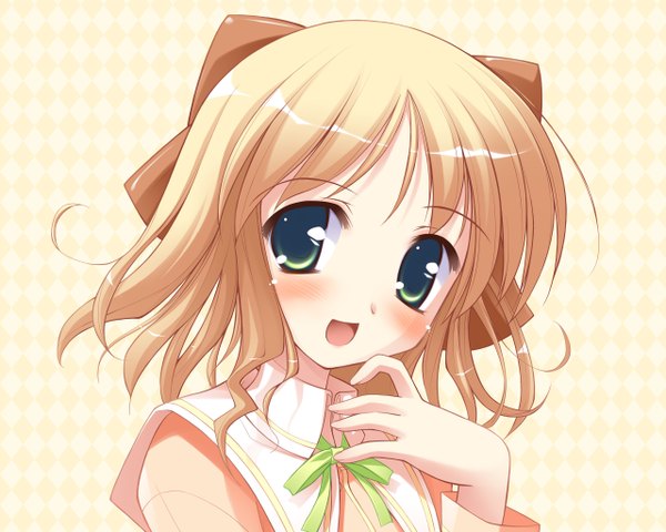 Anime picture 2560x2048 with happiness kohinata sumomo single looking at viewer blush highres short hair open mouth blonde hair green eyes loli portrait close-up face girl uniform bow hair bow school uniform