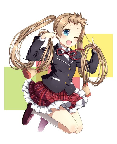 Anime picture 809x1000 with chuunibyou demo koi ga shitai! kyoto animation dekomori sanae kouji (campus life) single tall image looking at viewer blush open mouth blue eyes blonde hair twintails very long hair one eye closed wink plaid skirt victory jumping girl skirt