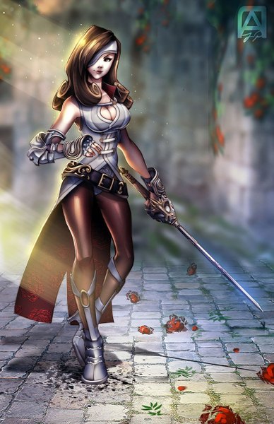 Anime picture 800x1236 with final fantasy ix beatrix pechan (artist) single long hair tall image breasts light erotic brown hair brown eyes cleavage light smile lips girl weapon pantyhose belt eyepatch epee