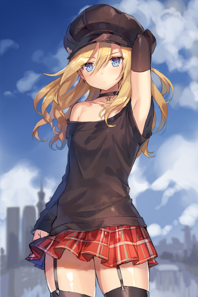 Anime picture 900x1350 with original momoko (momopoco) single long hair tall image looking at viewer blush fringe blue eyes blonde hair hair between eyes sky cloud (clouds) outdoors pleated skirt arm up off shoulder armpit (armpits) plaid skirt arm behind head