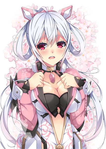 Anime picture 1100x1539 with phantasy star phantasy star online 2 sega matoi (pso2) milkpanda single long hair tall image looking at viewer blush breasts open mouth light erotic red eyes cleavage white hair girl flower (flowers)