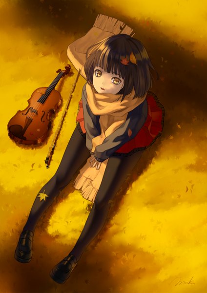 Anime picture 954x1350 with original nana mikoto single tall image looking at viewer short hair black hair sitting yellow eyes from above autumn girl pantyhose black pantyhose scarf leaf (leaves) musical instrument violin bow (instrument)