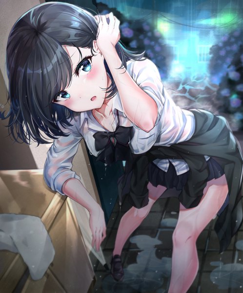 Anime picture 2984x3591 with original nyung single long hair tall image looking at viewer blush fringe highres breasts open mouth blue eyes light erotic black hair standing pleated skirt bare legs wet leaning leaning forward