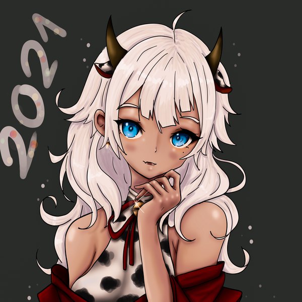 Anime picture 4724x4724 with original rainbow d fox single long hair looking at viewer fringe highres blue eyes simple background bare shoulders animal ears absurdres upper body ahoge white hair arm up horn (horns) off shoulder mole mole under eye
