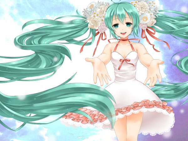 イラスト 3000x2250 と ボーカロイド 初音ミク nonaka hako 赤面 highres 開いた口 ツインテール very long hair hair flower aqua eyes aqua hair bad proportions 女の子 ドレス 髪飾り 花