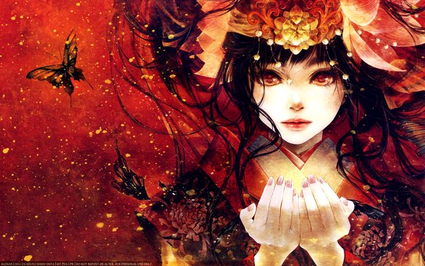 Anime picture 1920x1200 with enta shiho alenas single long hair looking at viewer highres black hair brown eyes signed nail polish traditional clothes japanese clothes wallpaper floral print red background girl hair ornament insect butterfly