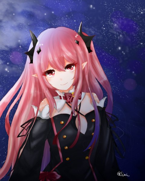 Anime picture 800x1000 with owari no seraph wit studio kururu tepes cotton (sieren) single tall image looking at viewer blush fringe smile red eyes signed pink hair sky outdoors head tilt pointy ears night two side up girl