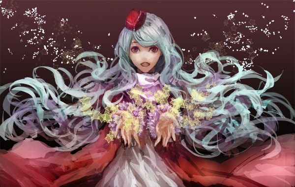 Anime picture 1200x760 with original cdjm5 single looking at viewer open mouth simple background purple eyes brown eyes very long hair aqua hair christmas dark background wavy hair spread arms girl star (symbol) santa claus costume fireflies field cap