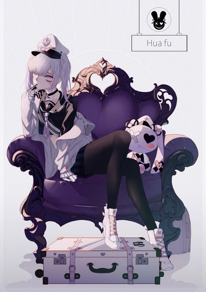 Anime picture 723x1023 with original marchab 66 single tall image looking at viewer fringe short hair sitting twintails holding payot silver hair full body bent knee (knees) blunt bangs pleated skirt off shoulder inscription arm support high heels