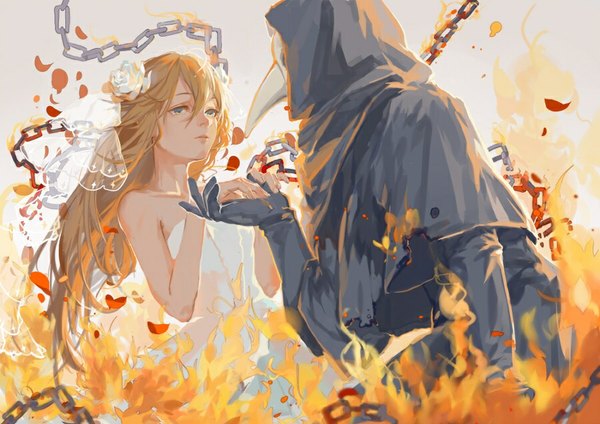 Anime picture 900x636 with original rrr (reason) long hair blue eyes bare shoulders hair flower wedding girl dress flower (flowers) white dress rose (roses) chain cloak mask fire wedding dress wedding veil white rose