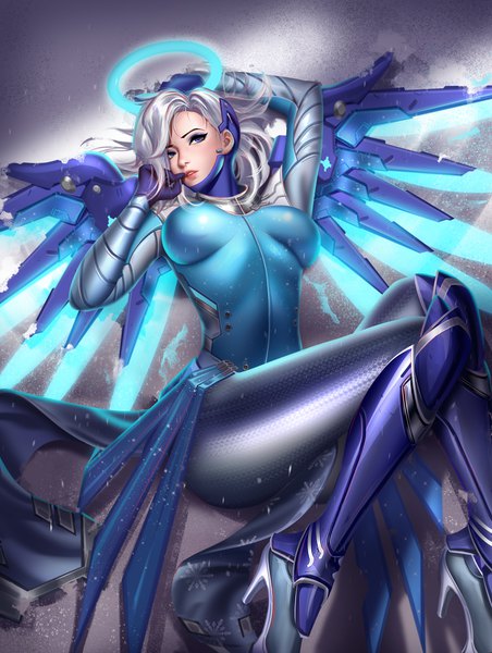Anime-Bild 3014x4000 mit overwatch blizzard entertainment mercy (overwatch) liang xing single tall image looking at viewer fringe highres short hair breasts light erotic large breasts purple eyes absurdres silver hair bent knee (knees) lying parted lips from above