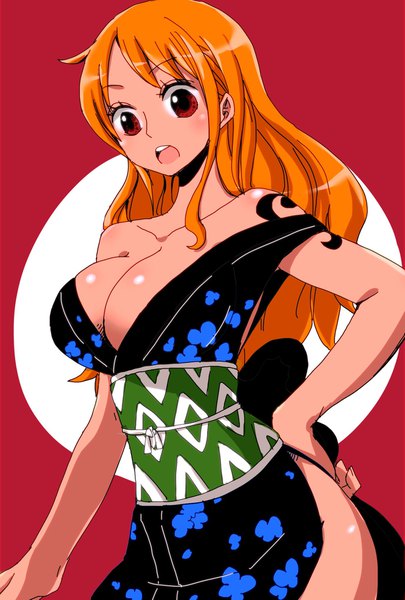 Anime picture 1378x2039 with one piece toei animation nami (one piece) yamadaenako single long hair tall image blush fringe breasts open mouth light erotic simple background large breasts standing bare shoulders brown eyes looking away cleavage traditional clothes