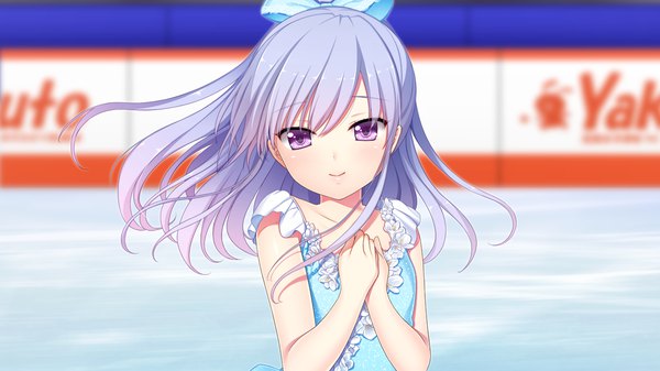 Anime picture 1280x720 with gin'iro haruka kisaragi mizuha single long hair looking at viewer wide image purple eyes game cg silver hair ponytail girl dress bow hair bow child (children)