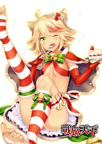 Anime picture 640x900 with zhan ji tian xia mvv single tall image blush short hair breasts open mouth light erotic blonde hair green eyes one eye closed wink flat chest girl thighhighs skirt hair ornament miniskirt sweets