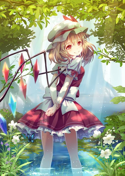 Anime picture 689x975 with touhou flandre scarlet monmonga single tall image short hair blonde hair smile red eyes looking back sunlight partially submerged holding arm girl flower (flowers) hat wings insect butterfly bonnet