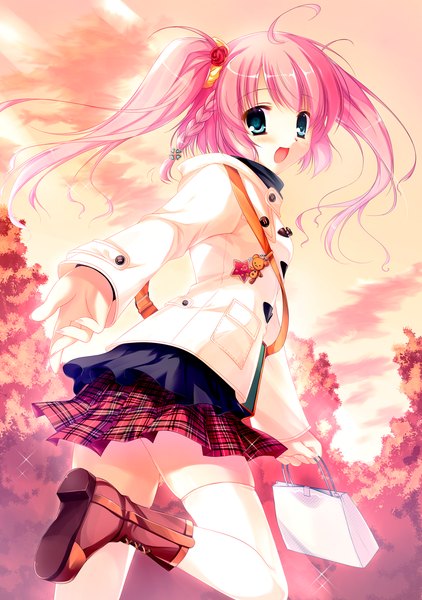 Anime picture 1056x1500 with futaori arisa single tall image open mouth blue eyes twintails pink hair ahoge looking back girl thighhighs skirt miniskirt white thighhighs serafuku bag