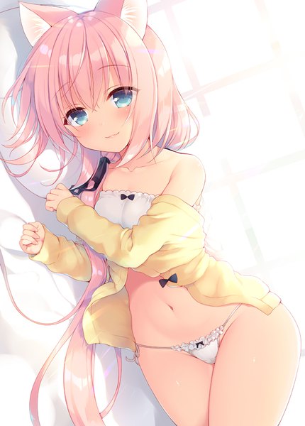 Anime picture 624x870 with boku no risou no isekai seikatsu misia (ichiri) sazaki ichiri single long hair tall image looking at viewer blush blue eyes light erotic animal ears pink hair cat ears low ponytail girl underwear panties lingerie bra white panties