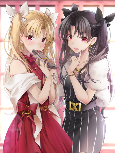 Anime picture 1004x1332 with fate (series) fate/grand order ishtar (fate) ereshkigal (fate) akatsuki hijiri long hair tall image looking at viewer blush fringe open mouth black hair blonde hair red eyes standing bare shoulders multiple girls holding signed nail polish