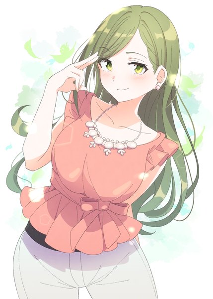 Anime picture 1066x1491 with idolmaster idolmaster shiny colors nanakusa hazuki eito12 single long hair tall image looking at viewer blush smile green eyes upper body green hair arm behind back salute girl earrings necklace