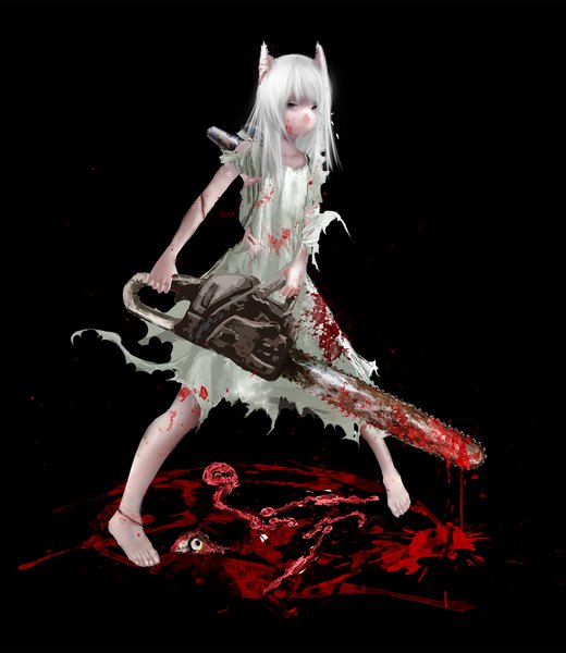 Anime picture 1300x1500 with original yuyu single long hair tall image looking at viewer fringe brown eyes animal ears white hair barefoot torn clothes black background scar guro girl dress blood stitches chainsaw
