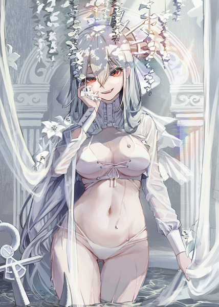 Anime picture 2977x4175 with arknights specter (arknights) iasimo single tall image looking at viewer fringe highres breasts open mouth light erotic hair between eyes red eyes large breasts standing holding silver hair long sleeves very long hair head tilt