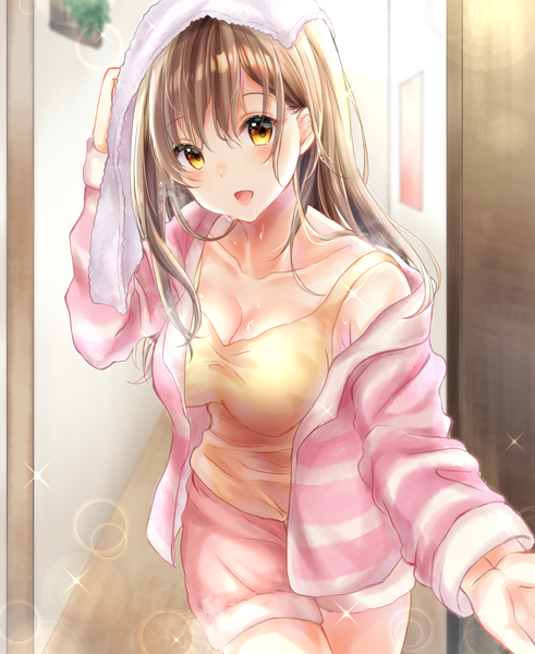 Anime picture 2897x3541 with original ai (sigatutoukaa) single long hair tall image looking at viewer blush fringe highres breasts open mouth light erotic smile hair between eyes brown hair large breasts standing yellow eyes payot cleavage