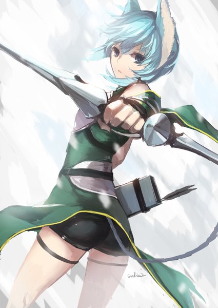 Anime picture 1062x1500 with sword art online a-1 pictures asada shino swd3e2 single tall image short hair blue eyes animal ears blue hair girl dress gloves weapon shorts fingerless gloves bow (weapon)
