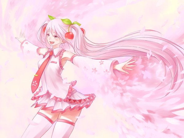 Anime picture 1024x768 with vocaloid hatsune miku sakura miku tagme (artist) single long hair open mouth red eyes twintails pink hair spread arms girl thighhighs detached sleeves petals necktie food berry (berries) cherry