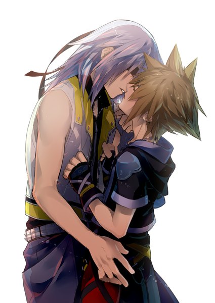 Anime picture 2149x3035 with kingdom hearts square enix sora (kingdom hearts) riku (kingdom hearts) tayuya1130 long hair tall image highres short hair open mouth simple background brown hair white background bare shoulders purple hair eyes closed profile multiple boys shounen ai spiked hair
