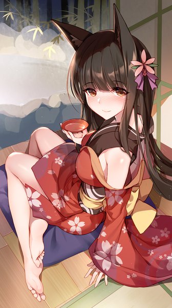 Anime picture 1000x1784 with warship girls r akagi (warship girls r) bison cangshu single long hair tall image looking at viewer blush fringe breasts black hair sitting bare shoulders holding brown eyes animal ears full body outdoors blunt bangs traditional clothes