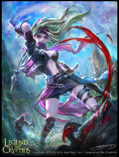 Anime picture 1000x1317 with legend of the cryptids yu-han long hair tall image looking at viewer breasts cleavage green hair black eyes fighting stance girl shorts belt scarf clothes