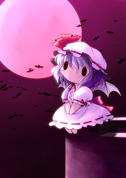 Anime picture 1074x1517 with touhou remilia scarlet yume shokunin single tall image fringe short hair hair between eyes purple hair night chibi bat wings solid eyes girl hat moon full moon bat