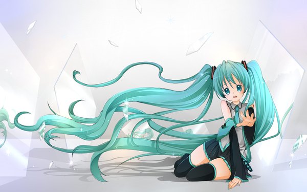 Anime picture 1889x1181 with vocaloid hatsune miku kuune rin single highres open mouth wide image twintails very long hair aqua eyes aqua hair loli outstretched arm girl detached sleeves