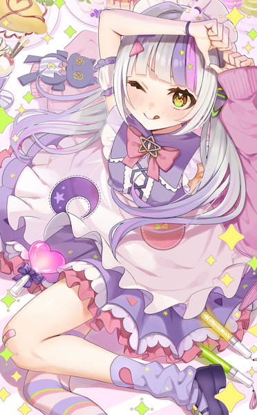 Anime picture 1118x1805 with virtual youtuber hololive murasaki shion murasaki shion (6th costume) omaru (0marufestival) single long hair tall image sitting twintails yellow eyes silver hair one eye closed multicolored hair from above wink arms up streaked hair official alternate costume yokozuwari