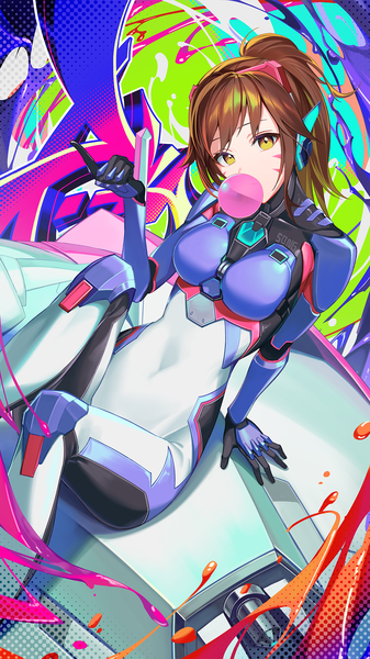 Anime picture 1080x1920 with overwatch blizzard entertainment d.va (overwatch) kainown single long hair tall image looking at viewer fringe brown hair brown eyes ponytail from above arm support facial mark whisker markings bubble blowing girl headphones bodysuit