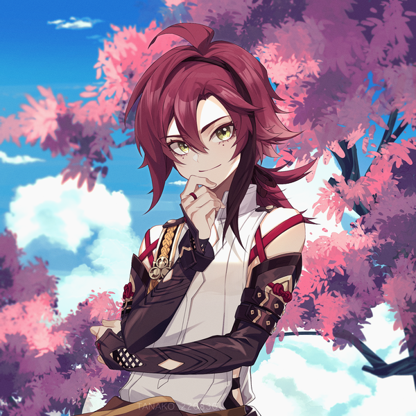 Anime picture 2000x2000 with genshin impact shikanoin heizou tanako (645316096) single long hair looking at viewer fringe highres smile hair between eyes green eyes sky cloud (clouds) upper body outdoors red hair mole mole under eye low ponytail boy