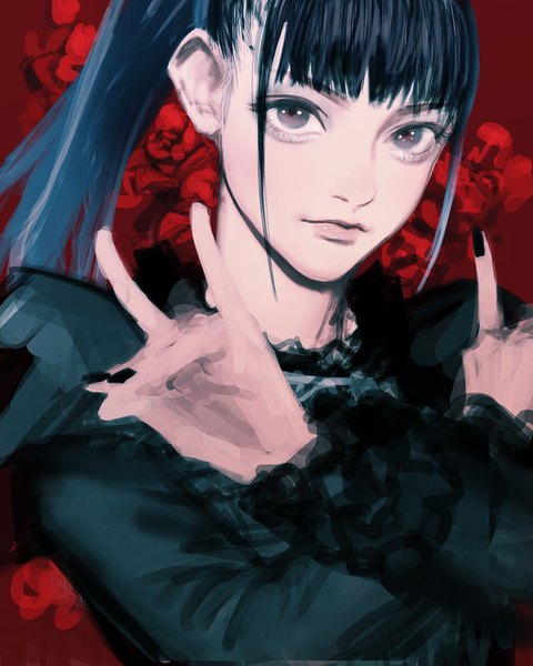 Anime picture 1024x1280 with babymetal nakamoto suzuka 9ibem single long hair tall image looking at viewer fringe black hair payot upper body ponytail black eyes realistic crossed arms fox shadow puppet girl