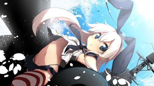 Anime picture 2560x1440 with kantai collection shimakaze destroyer beauty love single long hair looking at viewer blush highres blue eyes light erotic wide image white hair bunny ears girl thighhighs navel weapon miniskirt striped thighhighs