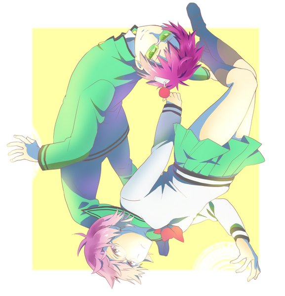 Anime picture 802x833 with saiki kusuo no psi nan saiki kusuo saiki kusuko touka (dolce mix) tall image looking at viewer fringe short hair simple background hair between eyes green eyes pink hair full body bent knee (knees) head tilt pleated skirt grey eyes magic border arched back