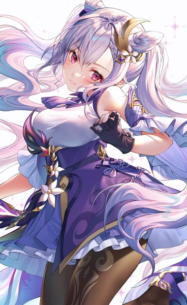 Anime picture 1000x1630 with genshin impact keqing (genshin impact) kinty single long hair tall image blush fringe breasts simple background hair between eyes standing white background twintails payot looking away purple hair head tilt pink eyes light smile