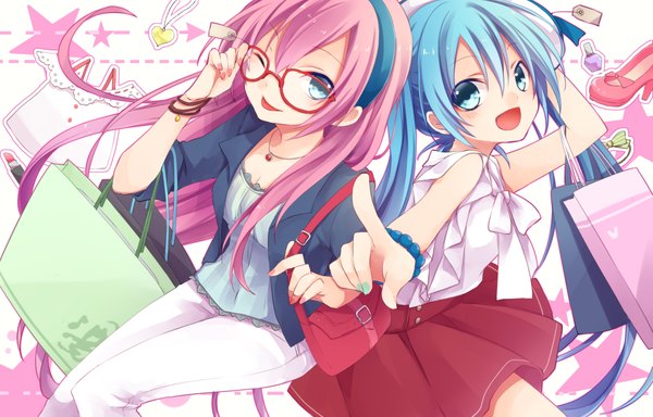 Anime picture 2149x1377 with vocaloid hatsune miku megurine luka kuroi (liar-player) looking at viewer blush fringe highres open mouth hair between eyes multiple girls pink hair cleavage very long hair nail polish :d one eye closed aqua eyes from above wink