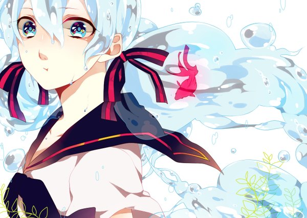 Anime picture 1400x1000 with vocaloid hatsune miku bottle miku single long hair looking at viewer blue eyes twintails close-up liquid hair girl uniform bow ribbon (ribbons) hair bow hair ribbon school uniform water serafuku fish (fishes)