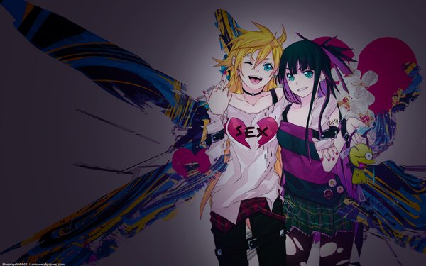 Anime picture 1920x1200 with panty & stocking with garterbelt anarchy stocking anarchy panty curryuku long hair looking at viewer highres open mouth blue eyes blonde hair smile wide image bare shoulders multiple girls green eyes purple hair nail polish one eye closed multicolored hair wink