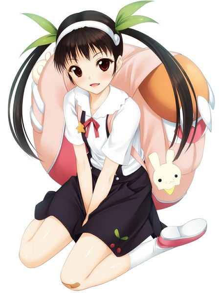 Anime picture 768x1024 with bakemonogatari shaft (studio) monogatari (series) hachikuji mayoi orange (satsurikukuma) single long hair tall image looking at viewer blush open mouth black hair simple background white background twintails loli girl dress socks hairband