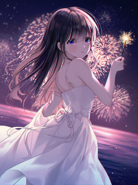 Anime picture 2982x4000 with original myowa single long hair tall image looking at viewer blush fringe highres open mouth hair between eyes standing purple eyes bare shoulders holding outdoors wind night dutch angle night sky