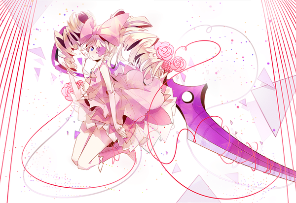 Anime picture 1000x688 with kill la kill studio trigger harime nui nanobe single long hair looking at viewer blue eyes blonde hair smile twintails full body drill hair girl bow weapon hair bow eyepatch knee boots huge weapon