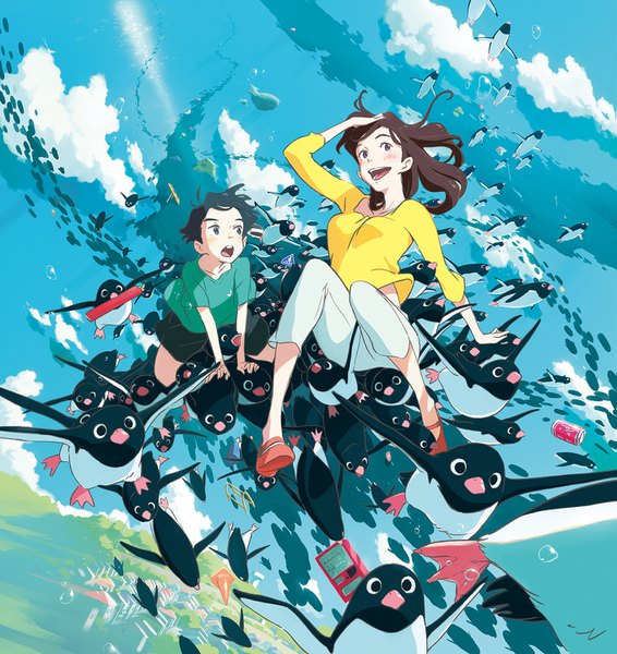 Anime picture 1359x1440 with penguin highway onee-san (penguin highway) aoyama-kun (penguin highway) ishida hiroyasu long hair tall image blush short hair open mouth black hair brown hair sky cloud (clouds) full body official art hand on head flying girl boy animal