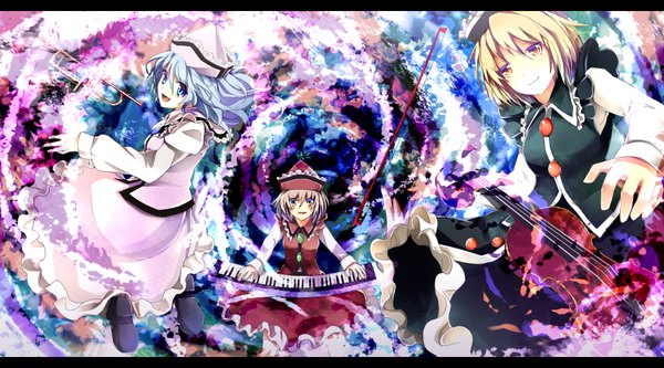 Anime picture 1800x1000 with touhou lunasa prismriver lyrica prismriver merlin prismriver saden (magumo) looking at viewer highres short hair open mouth blue eyes blonde hair brown hair wide image multiple girls brown eyes blue hair heterochromia girl skirt hat
