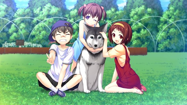 Anime picture 1280x720 with lovesick puppies hoshina yuki takamura kotarou takamura ayano sankuro looking at viewer short hair open mouth black hair smile brown hair wide image purple eyes twintails multiple girls game cg eyes closed one eye closed barefoot wink