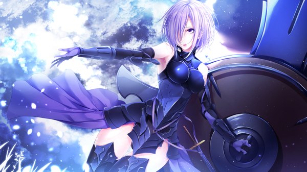 Anime picture 3500x1969 with fate (series) fate/grand order mash kyrielight yoaferia single fringe highres short hair breasts open mouth light erotic wide image standing purple eyes bare shoulders holding looking away purple hair cloud (clouds) outdoors